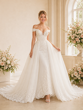 ChicSew Glamorous Lace Tulle Mermaid Off The Shoulder Full‑Length Wedding Dresses With Overskirt