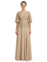 ChicSew Flutter Sleeves V-Neck Lace Appliques Chiffon A-Line Mother Of The Groom Dress