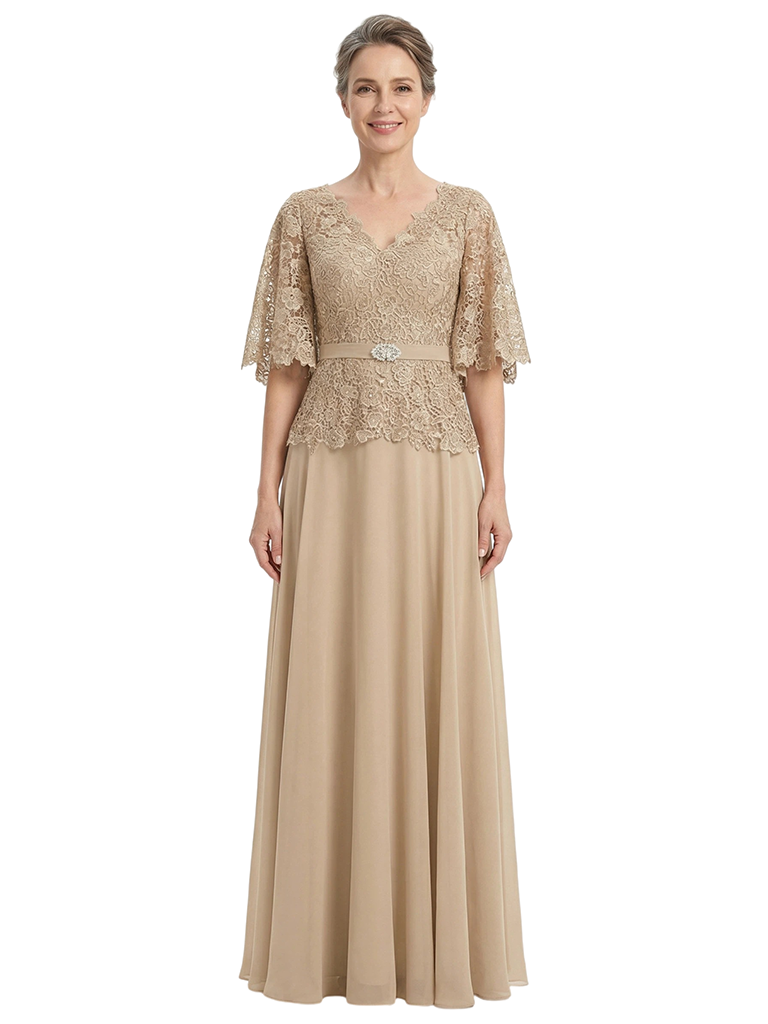 ChicSew Flutter Sleeves V-Neck Lace Appliques Chiffon A-Line Mother Of The Groom Dress