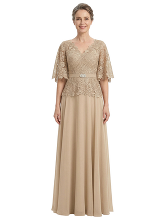 ChicSew Flutter Sleeves V-Neck Lace Appliques Chiffon A-Line Mother Of The Groom Dress