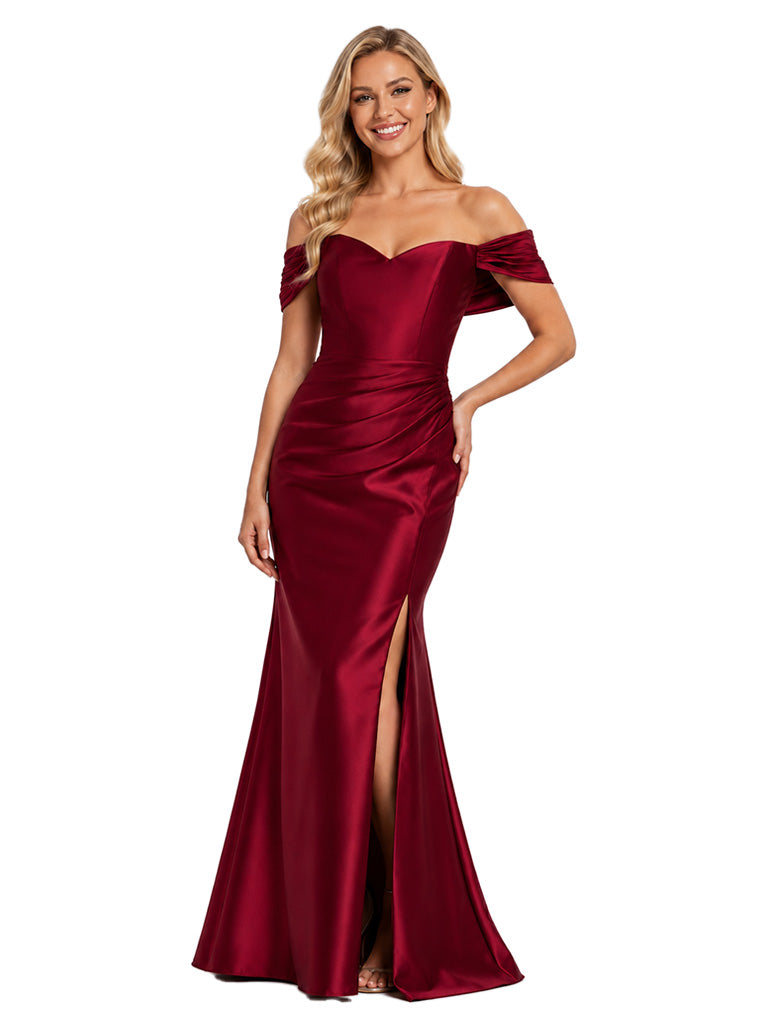 ChicSew Sexy Off The Shoulder Soft Satin Bridesmaid Dress With Sweetheart Side Slit Mermaid Gown