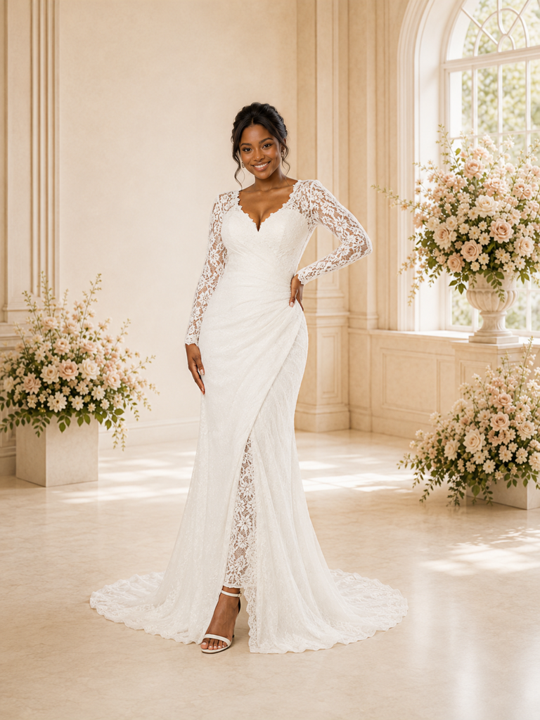 ChicSew Romantic V-Neck Strapless Long Sleeves Mermaid Lace Maxi Wedding Dress