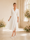 ChicSew Elegant V-Neck 3/4 Sleeves Side Slit A-Line Crepe Tea-Length Wedding Dress