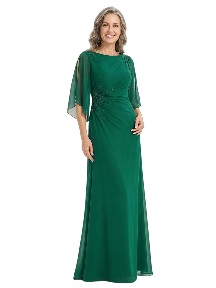 ChicSew Modern Chiffon Mother Of The Groom Gowns With Beaded Ruched Waist Flutter Sleeves