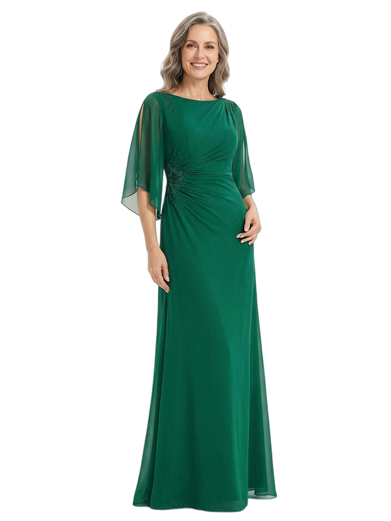 ChicSew Modern Chiffon Mother Of The Groom Gowns With Beaded Ruched Waist Flutter Sleeves