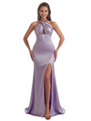 Sexy Halter Mermaid Ruched Satin Floor Length Bridesmaid Dresses Side Slit