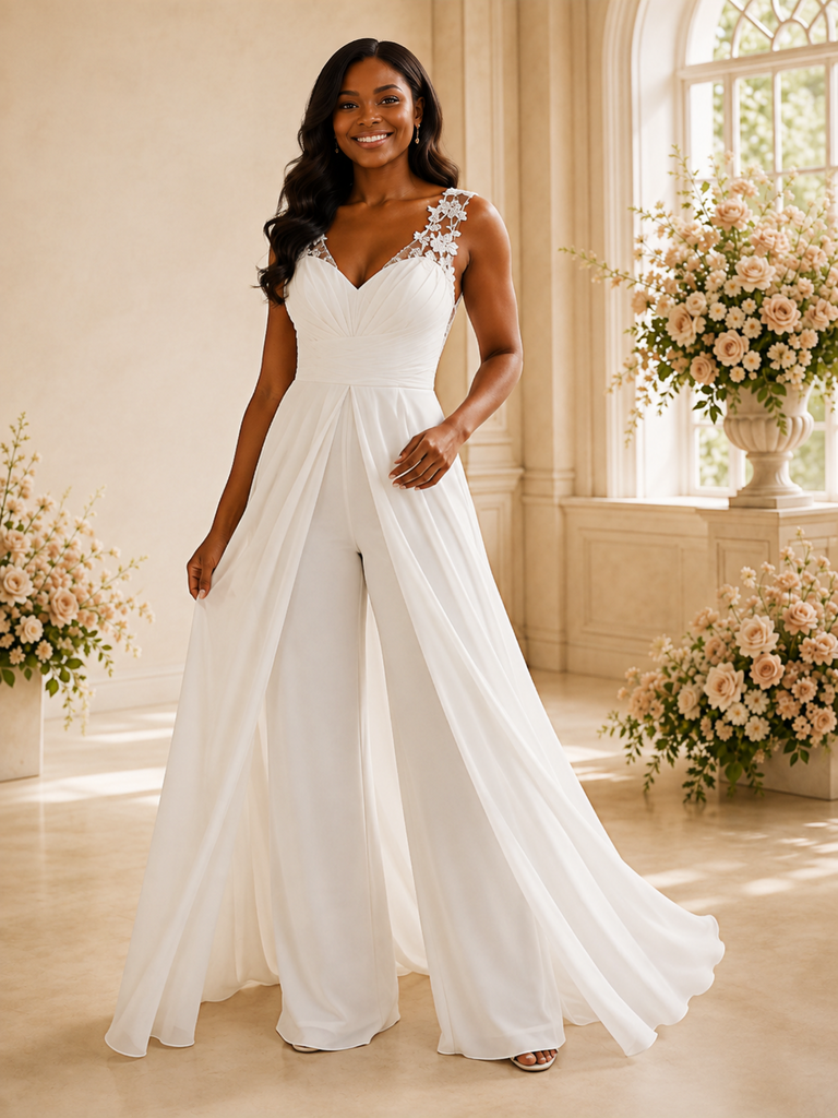 ChicSew Modern V-Neck Sleeveless Lace Chiffon Floor-Length Wedding Jumpsuit