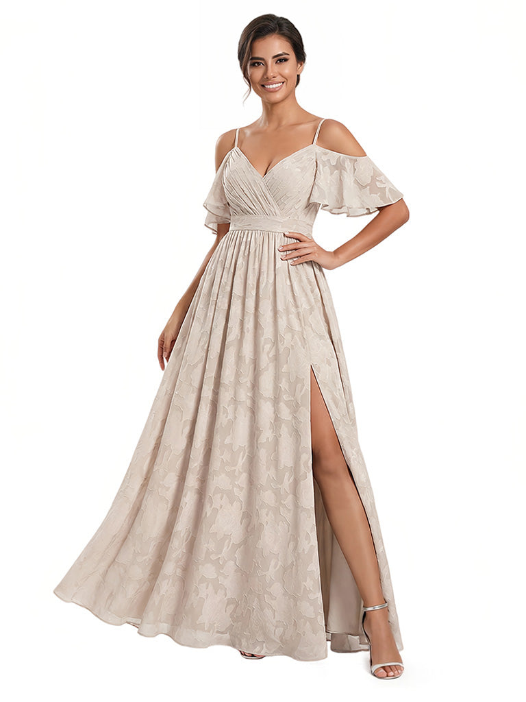 Elegant Cold Shoulder Side Split Floral Burnout Chiffon Ruched A-Line Long Formal Evening Dresses - ChicSew, Ivory Elegant Cold Shoulder Side Split Floral Burnout Chiffon Ruched A-Line Long Formal Evening Dresses - ChicSew, Ivory