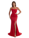 Modern Spaghetti Straps Side Split Mermaid Silky Satin Long Bridesmaid Dresses Online