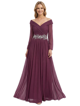 Chicsew V-Neck Long Sleeves Mother Of The Bride Dress Ruched Chiffon A-Line Gown