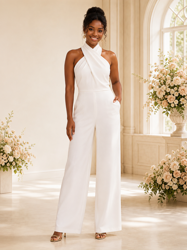 ChicSew Modern Halter Ruching Open Back Crepe Floor-Length Wedding Jumpsuit