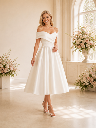 ChicSew Simple Off The Shoulder A-Line Sleeveless Satin Tea-Length Wedding Dresses