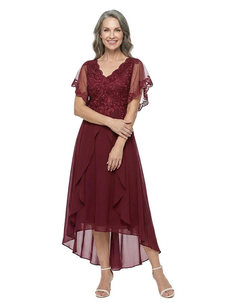 ChicSew Modern High-Low Chiffon A-Line Mother Of The Bride Dresses Flutter Sleeves Lace V-Neck Gown