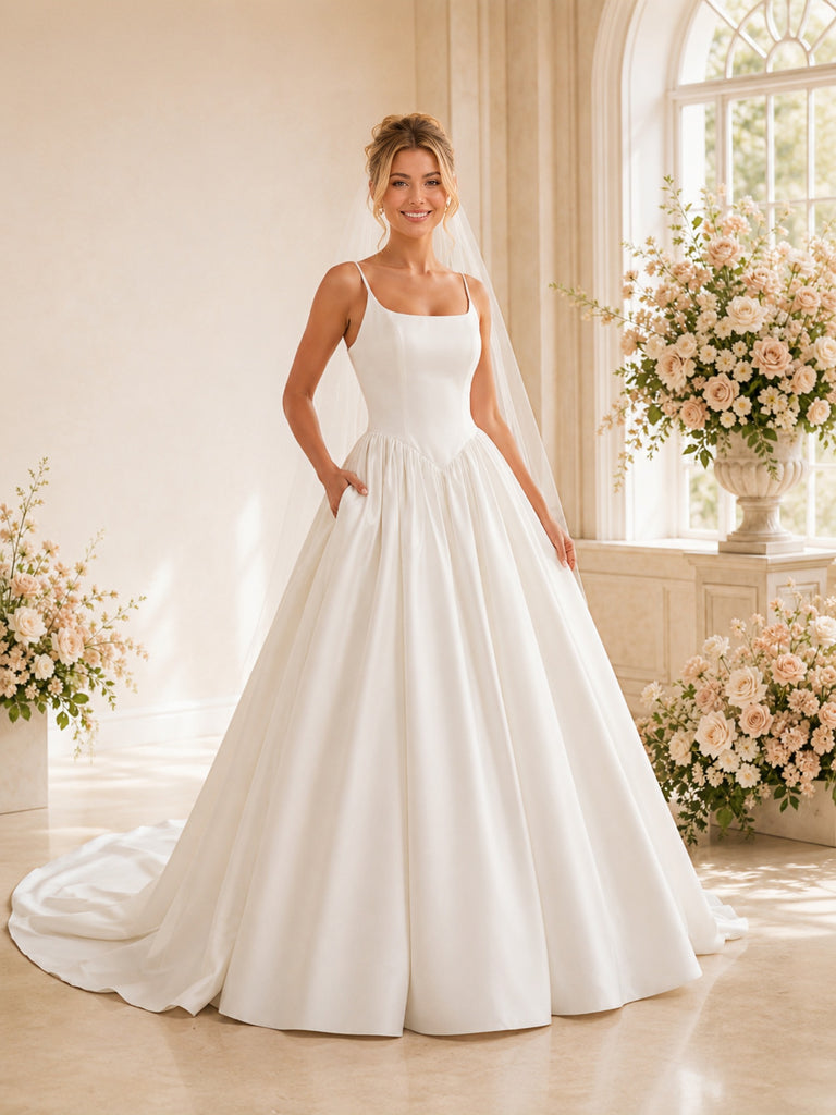 ChicSew Elegant Square Neck Spaghetti Straps Satin A-Line Long Wedding Dresses
