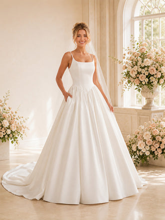 ChicSew Elegant Square Neck Spaghetti Straps Satin A-Line Long Wedding Dresses