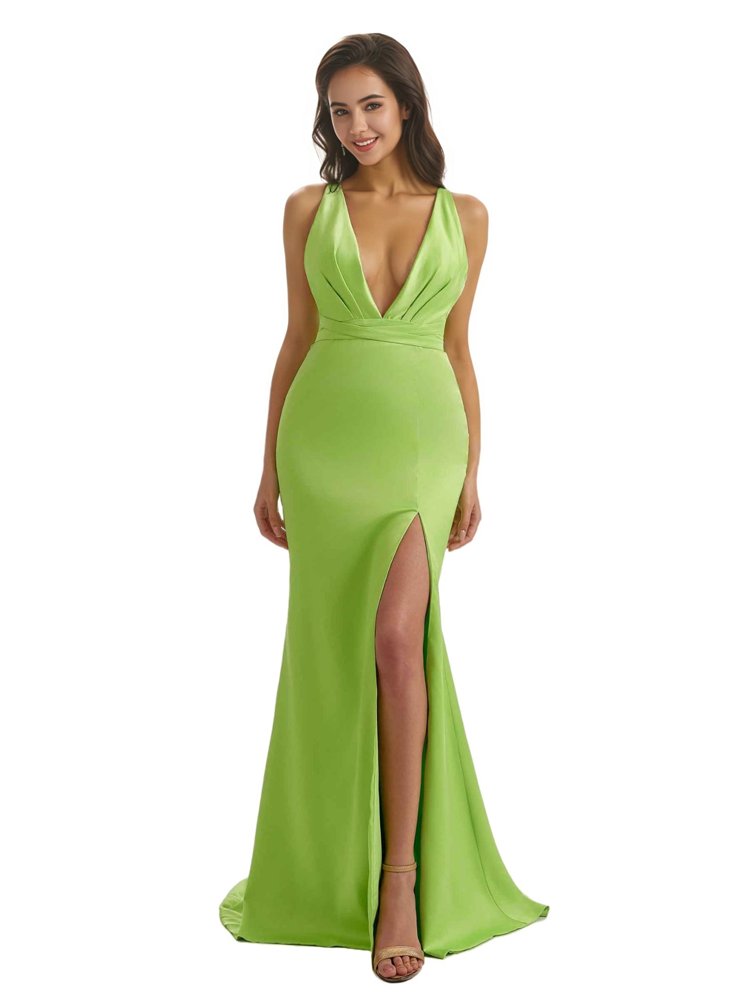 Sexy V-Neck Mermaid Satin Unique Long Bridesmaid Dresses Slit