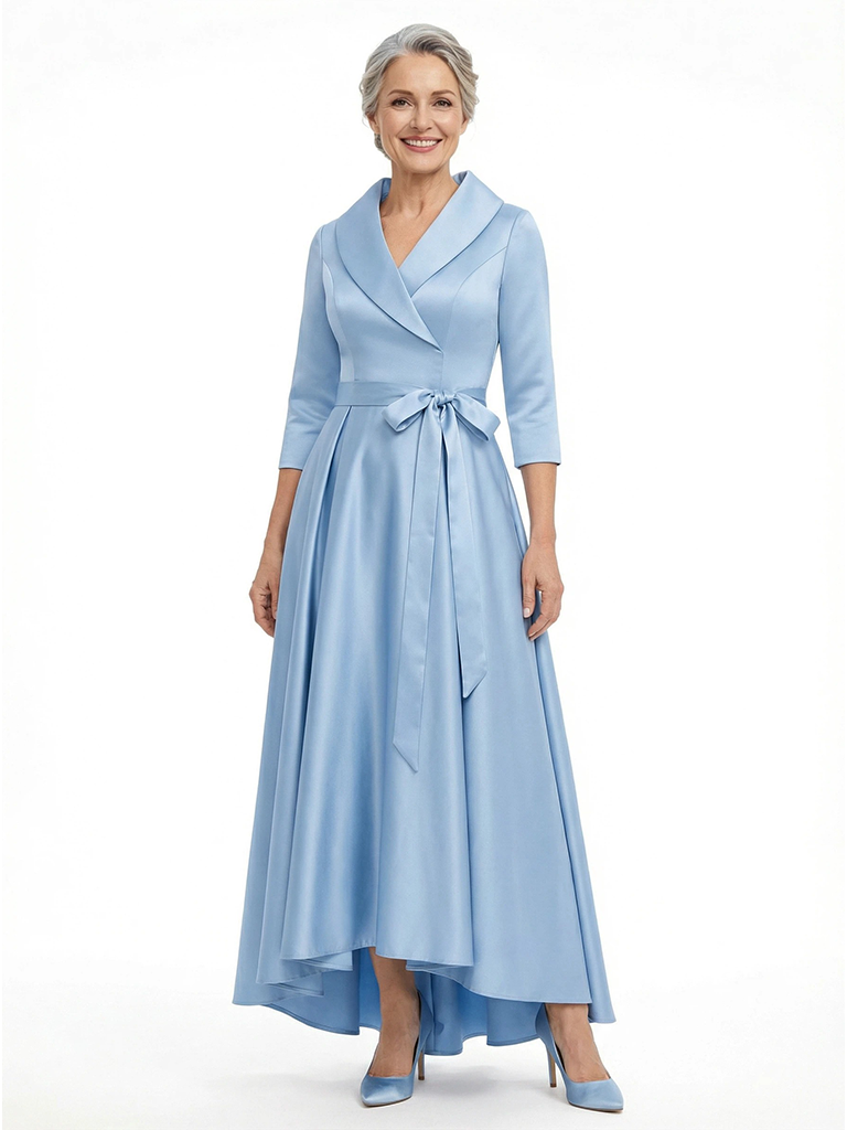 ChicSew Unique Silky Satin Mother Of The Bride Dress High-Low A-Line Gown With Long Sleeves
