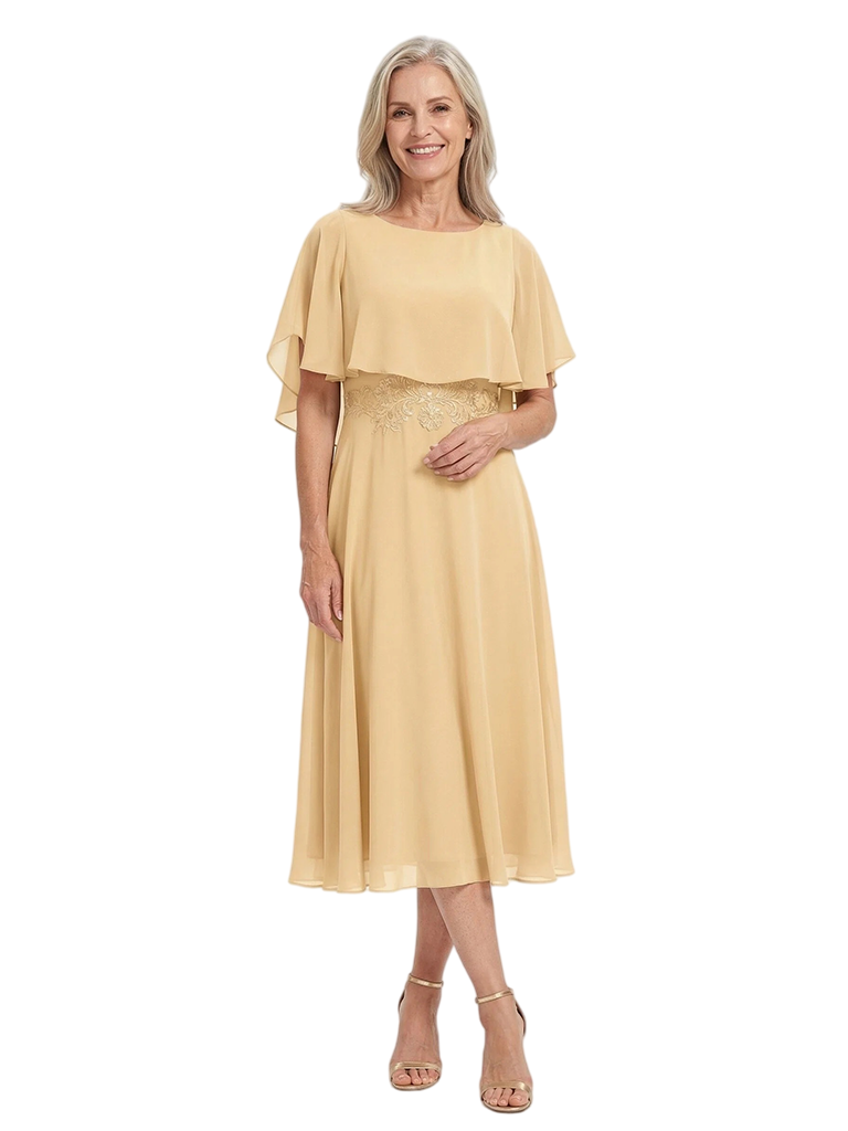 ChicSew Scoop Short Flutter Sleeve Lace Applique Waist Knee Length Chiffon Romantic Mom Of The Groom Dresses