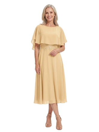 ChicSew Scoop Short Flutter Sleeve Lace Applique Waist Knee Length Chiffon Romantic Mom Of The Groom Dresses