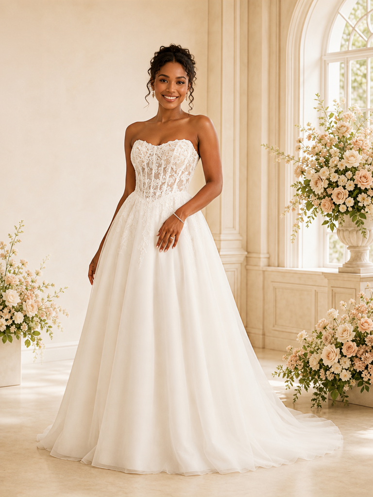ChicSew Elegant Sweetheart Boning A-Line Lace Applique Tulle Maxi Wedding Dress