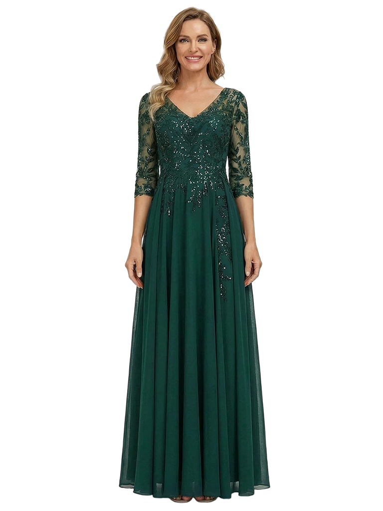 ChicSew V-Neck Long Sleeve Lace Beaded A-Line Floor Length Chiffon Fancy Mother of the Bride Dresses