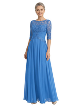 ChicSew Scoop Half Sleeve Lace Applique Ruched Waist A-Line Floor Length Chiffon Elegant Mother Of The Bride And Groom Dresses