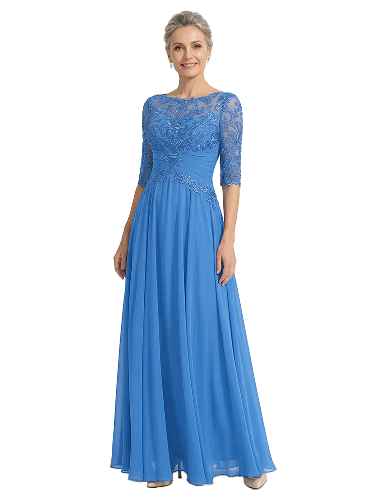 ChicSew Scoop Half Sleeve Lace Applique Ruched Waist A-Line Floor Length Chiffon Elegant Mother Of The Bride And Groom Dresses