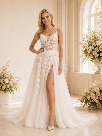 ChicSew Unique Spaghetti Straps A-Line Boning Lace Tulle Side Slit Long Wedding Dresses