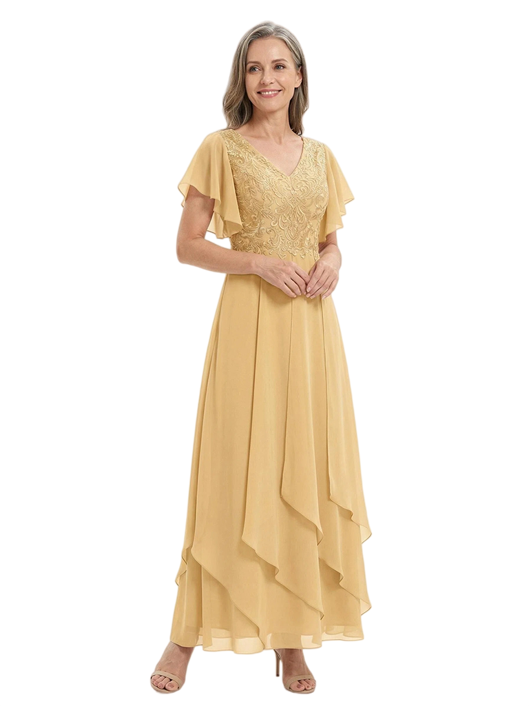 ChicSew V-Neck Short Sleeves A-Line Chiffon Lace Appliques Mother Of The Bride Dress