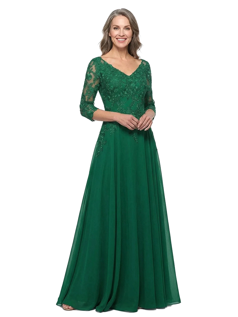 ChicSew V-Neck 3/4 Sleeve Lace Applique Ruched Waist Floor Length Chiffon Sophisticated Mother Of The Bride And Groom Dresses