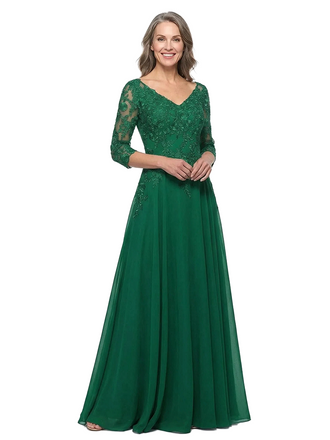 ChicSew V-Neck 3/4 Sleeve Lace Applique Ruched Waist Floor Length Chiffon Sophisticated Mother Of The Bride And Groom Dresses