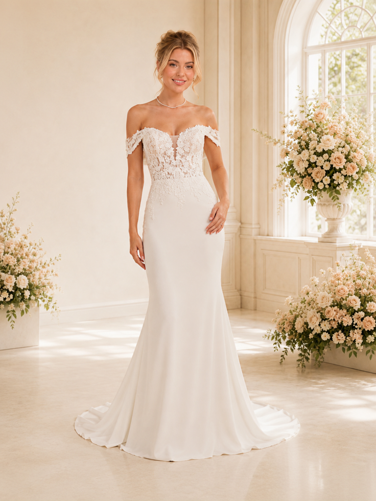 Chicsew Fancy Off The Shoulder Mermaid Sleeveless Lace Crepe Wedding Dress