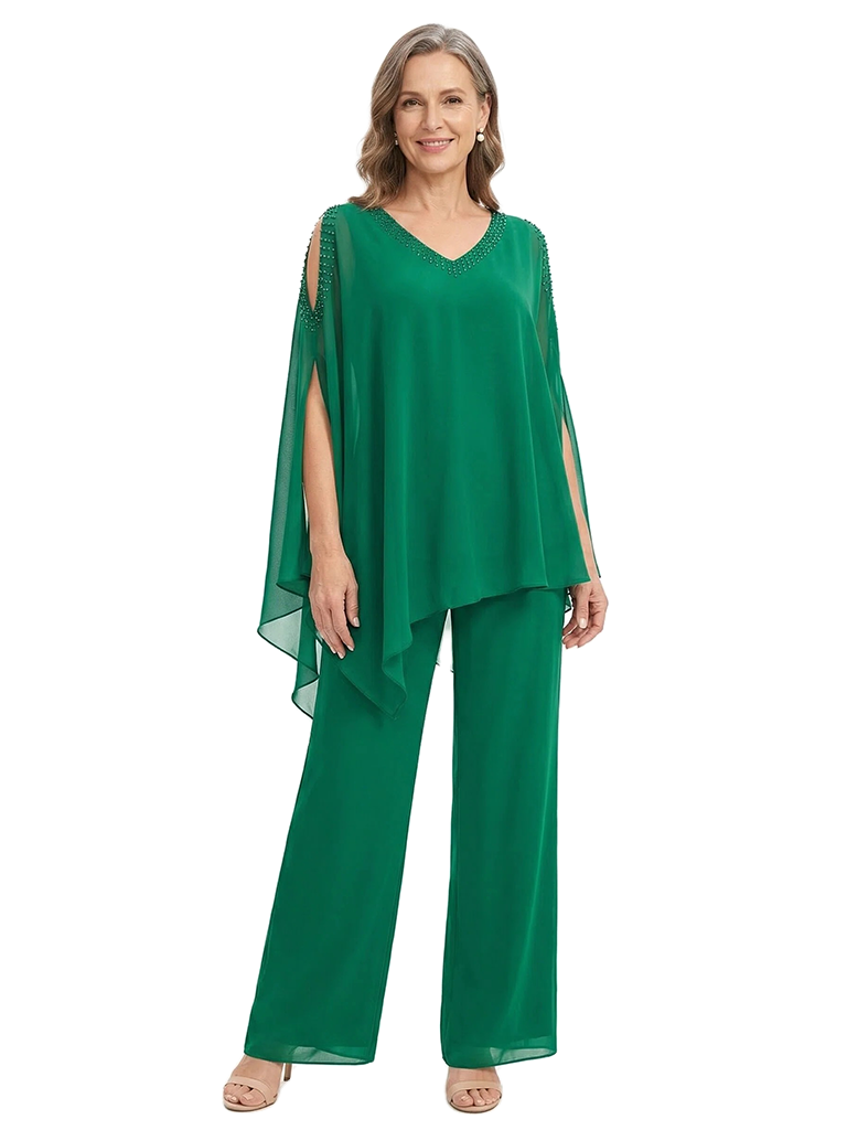ChicSew Unique Beaded V-Neck Mother Of The Bride Pant Suits With Chiffon Cape Sleeves Set
