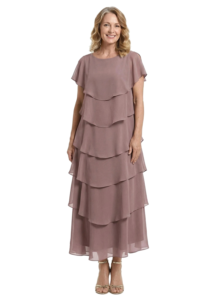 ChicSew Scoop Short Sleeve Layered Ruffle Chiffon Tea Length Casual Mother Of The Bride And Groom Dresses