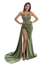 Sexy V-Neck Side Split Mermaid Ruched Satin Pretty Long Bridesmaid Dresses Online