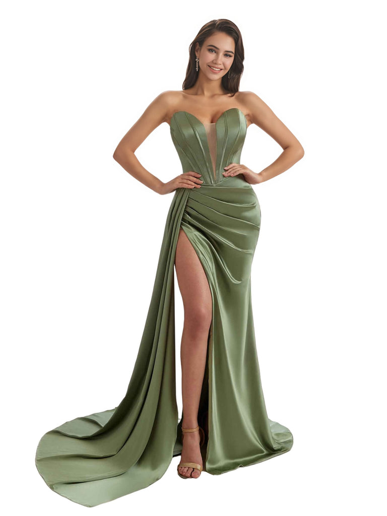 Sexy V-Neck Side Split Mermaid Ruched Satin Pretty Long Bridesmaid Dresses Online