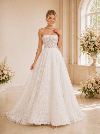 ChicSew Romantic Strapless Boning A-Line Lace Tulle Long Wedding Dresses