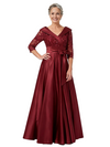 ChicSew Long Sleeve V-Neck Silky Satin Mother Of The Groom Dresses Lace Bodice Maxi A-Line Gown