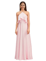 Elegant Halter Spaghetti Straps Soft Satin A-Line Long Bridesmaid Dresses