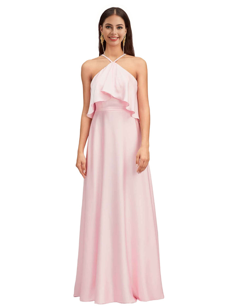 Elegant Halter Spaghetti Straps Soft Satin A-Line Long Bridesmaid Dresses