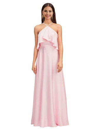 Elegant Halter Spaghetti Straps Soft Satin A-Line Long Bridesmaid Dresses