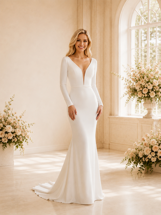 ChicSew Unique Deep V-Neck Long Sleeves Mermaid Crepe Wedding Dresses With Button