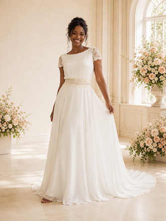 ChicSew Classy Chiffon Short Sleeves A-Line Floor-Length Wedding Dress With Lace Applique