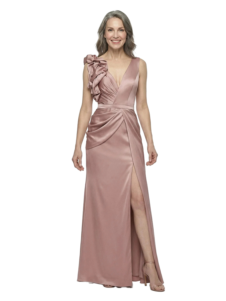 ChicSew Fancy V-Neck Ruched Satin Mermaid Mother Of The Groom Evening Gowns Side Slit
