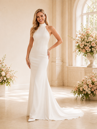 ChicSew Unique High Neck Sleeveless Mermaid Crepe Long Wedding Dresses