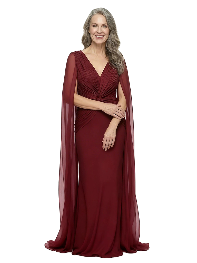 ChicSew V-Neck Cape Sleeve Floor Length Chiffon Formal Mother Of The Bride Groom Dresses