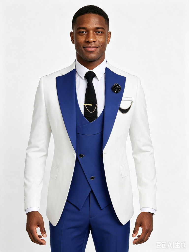 Classic 3 Piece Blue White Men's Suit with Regular Fit and Sophisticated Peak Lapel