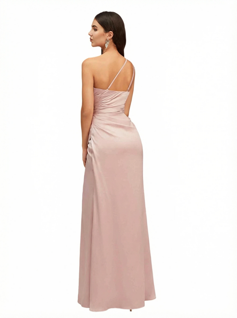 Sexy One Shoulder Side Slit Mermaid Silky Satin Ruching Maxi Evening Dresses For Women