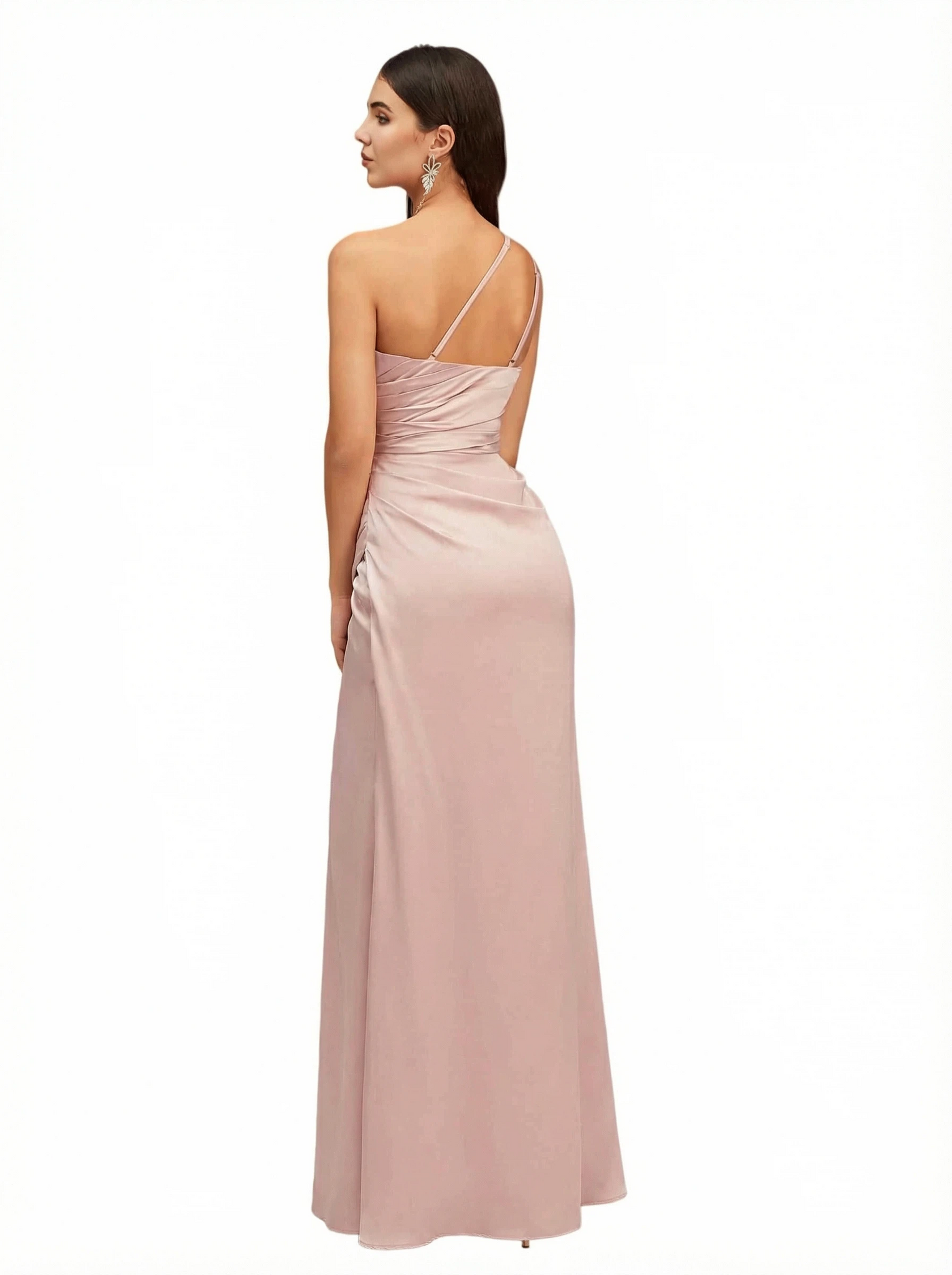 Sexy One Shoulder Side Slit Mermaid Silky Satin Ruching Maxi Evening Dresses For Women