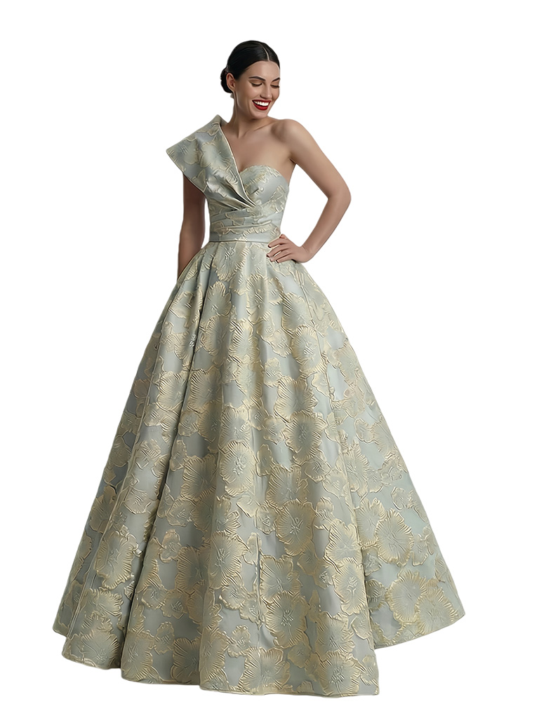 ChicSew Formal Floral Dress For Women Modern Floral Jacquard One Shoulder Floor-Length A-Line Long Formal Evening Dresses, Sage
